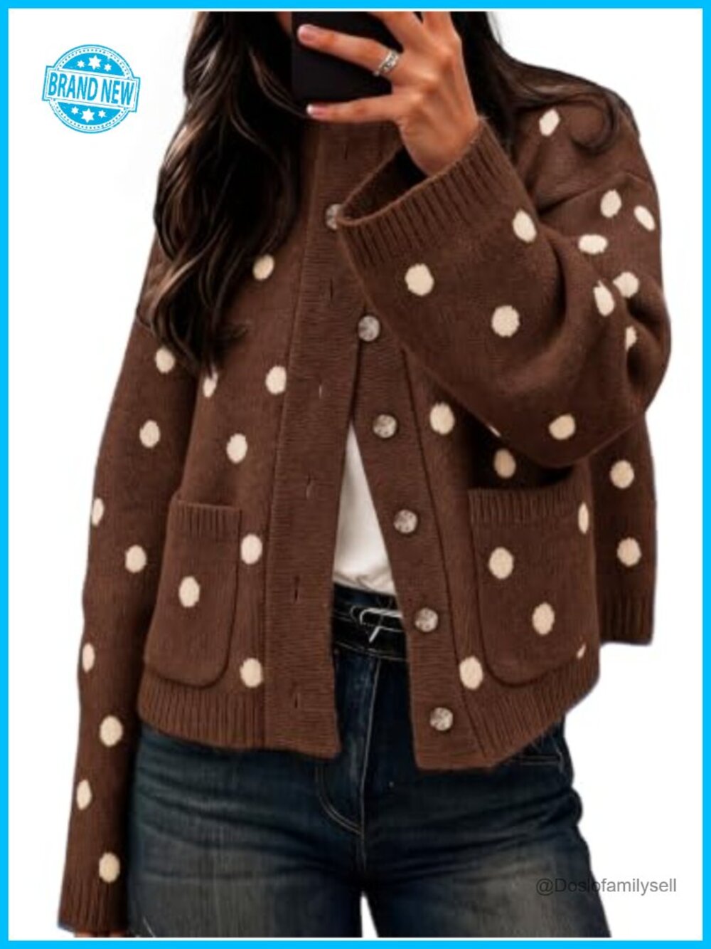 Womens Polka Dot Cardigan Mock Neck Long Sleeve Button Down Knit Sweater